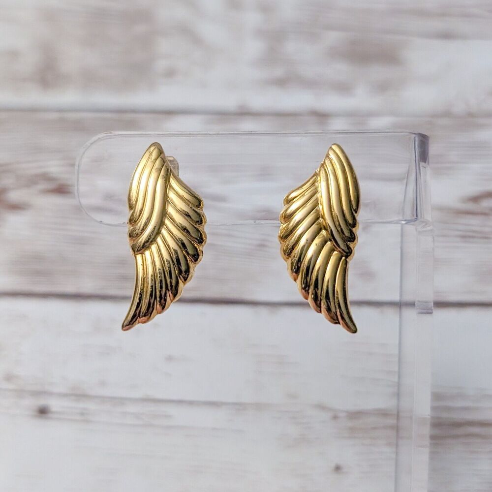 Vintage Clip On Earrings - Gold Tone Angel Wings 1.25" Statement